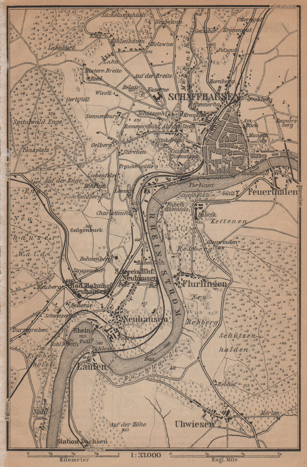 SCHAFFHAUSEN environs. Flurlingen Feuerthalen Neuhausen. Schweiz 1901 old map